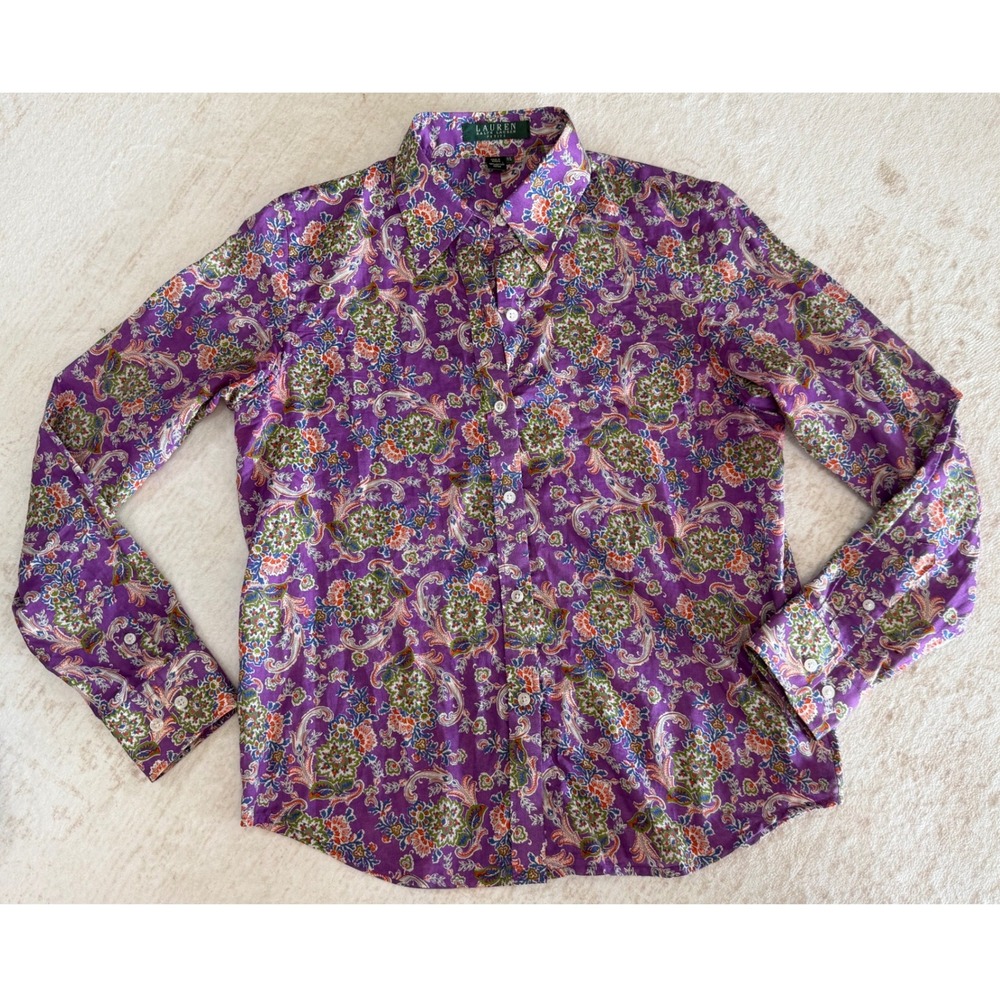 Lauren Ralph Lauren Petite Purple Paisley Floral Cotton Button Down Shirt P/S